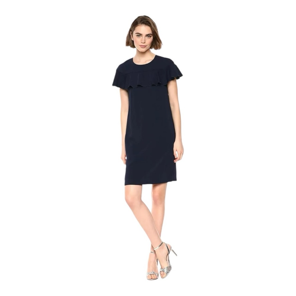 Trina Turk Charleston Shift Ruffle Navy Blue Dress‎ Size 6 Minimalist Classic
